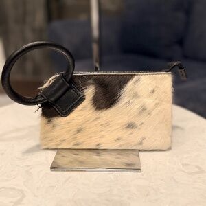 Montana West Genuine Hair-On Cowhide Ring Handle Wristlet Clutch Bag Black (B)